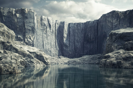 Majestic cliffs rise dramatically around a calm body of water reflecting the cloudy sky above.の写真素材