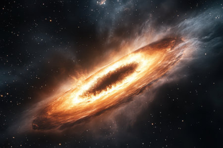 A vibrant cosmic swirl of gas and dust illuminates the dark canvas of deep space with bright stars.の写真素材