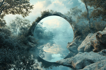 A stunning archway frames a peaceful lake, surrounded by fog and greenery at sunrise.の写真素材