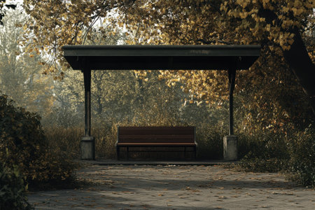 A solitary wooden bench sits beneath a shelter surrounded by vibrant autumn foliage in a peaceful park.の写真素材