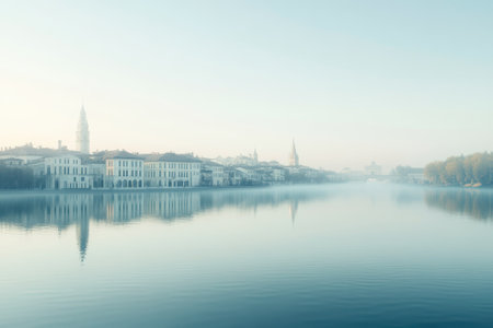 Soft mist blankets the river as the early morning light highlights ancient architecture along the banks.の写真素材
