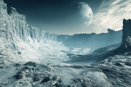 A barren, icy terrain stretches across the view with towering cliffs illuminated by a distant moon.の写真素材