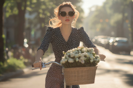 A woman rides her bicycle down a sunlit street while wearing a dress with polka dots and sunglasses.の写真素材