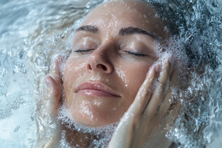 A woman enjoys a peaceful moment underwater, gently touching her face while bubbles surround her.の写真素材