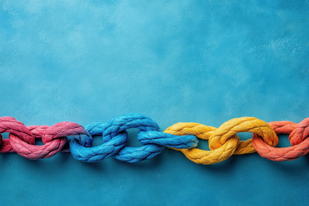 Brightly colored ropes are intertwined in a chain, set against a blue backdrop, showing creativity and craftsmanship.の写真素材