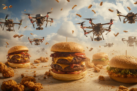 Drones hover above gourmet burgers and fried chicken at a vibrant outdoor gathering in nature.の写真素材
