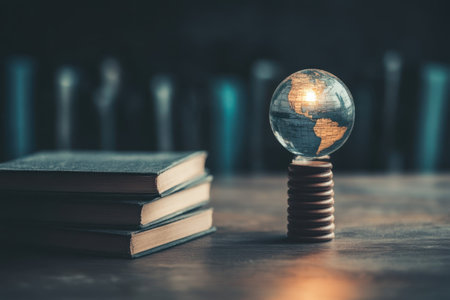 An illuminated globe highlights continents, placed next to old books against a dark background.の写真素材