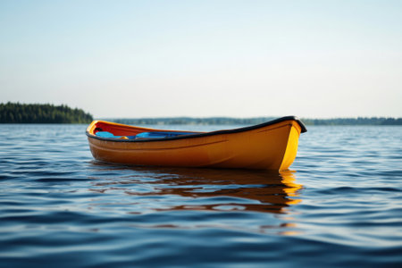 A vibrant yellow canoe rests gently on the surface of a serene lake, reflecting the clear blue sky.の写真素材