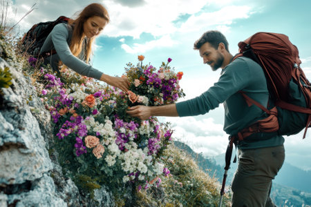A couple explores a mountain trail, picking colorful wildflowers and enjoying nature's beauty together.の写真素材