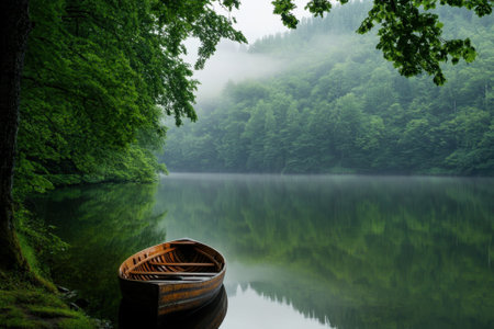A wooden boat rests quietly on a peaceful lake, enveloped by lush green trees and soft morning fog.の写真素材