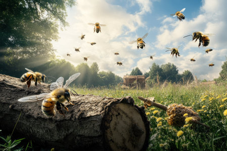 A vibrant meadow buzzes with bees as they pollinate flowers under a clear blue sky.の写真素材