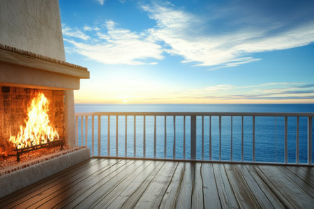 A cozy evening on a balcony with a fireplace, overlooking the ocean as the sun sets on the horizon.の写真素材