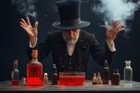 A bearded alchemist in a top hat mixes vibrant potions at a table surrounded by glass containers and smoke.の写真素材