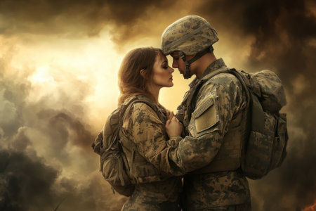 A soldier and a woman share an intimate moment, surrounded by a smoky, dramatic atmosphere during sunset.の写真素材