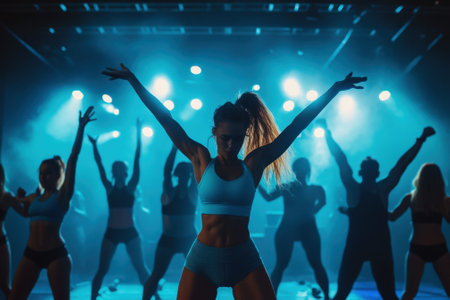A group of energetic dancers showcases their skills in a blue-lit studio, focusing on movement and rhythm.の写真素材