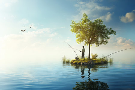 A fisherman stands on a tranquil island, casting his line into the water as the sun rises, surrounded by nature.の写真素材