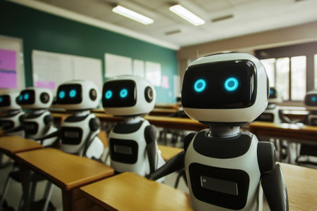 Robots are seated at desks in a classroom, engaged in a learning activity in a tech-savvy environment.の写真素材