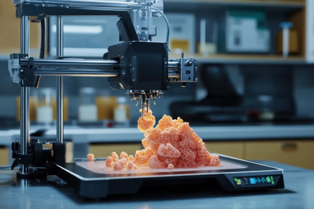 Advanced 3D printing machine creates intricate structures using a bright, textured material in a lab.の写真素材