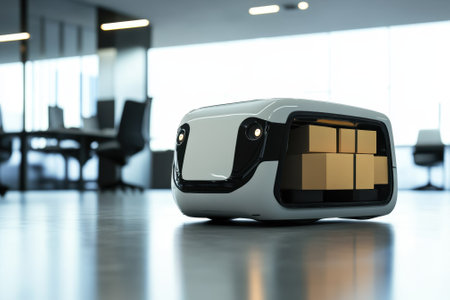 A compact robot delivery vehicle moves through a sleek office, carrying boxes and navigating workspaces efficiently.の写真素材