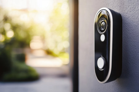 A sleek doorbell camera is mounted on a home exterior, ready to record visitors during daytime.の写真素材