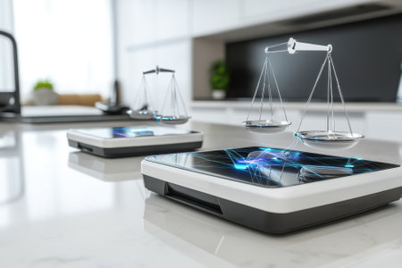Innovative electronic scales showcase a digital display and a justice theme in a sleek kitchen environment.の写真素材