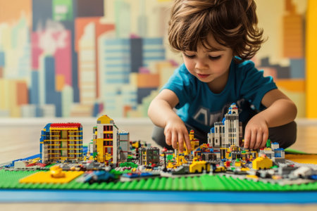 A young child focuses on constructing a detailed cityscape with building blocks on a colorful mat.の写真素材