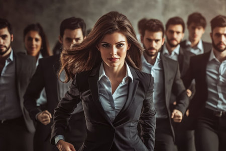 A confident woman in a suit leads a united group of serious professionals, embodying strong leadership.の写真素材
