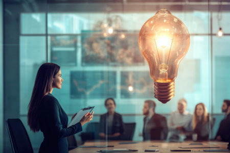 A businesswoman stands with a clipboard, contemplating ideas in a bright office filled with professionals.の写真素材