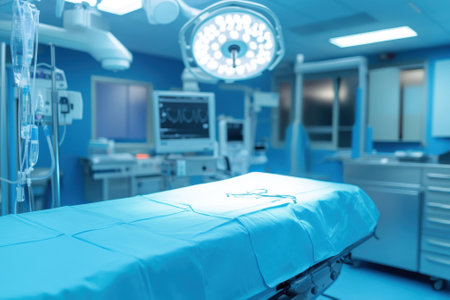 A sterile operating room featuring modern equipment, preparing for a surgical procedure in a hospital.の写真素材