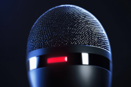 Close-up of a microphone with a glowing indicator, set against a dark background, ideal for a live performance.の写真素材