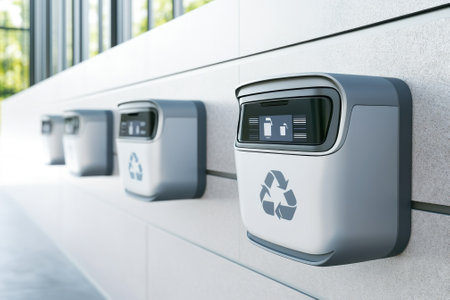 Modern recycling bins line a bright, open indoor area, encouraging eco-friendly waste disposal practices.の写真素材