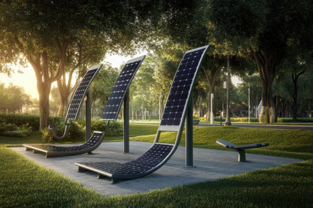 Solar panels designed for shade and energy production stand in a tranquil park during sunset.の写真素材