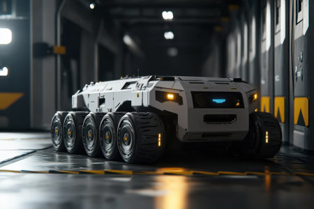 A robotic exploration vehicle traverses a sleek, modern corridor lit by overhead lights in a high-tech setting.の写真素材