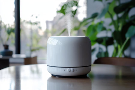 A sleek and minimalist humidifier emits steam in a bright room with greenery surrounding it.の写真素材