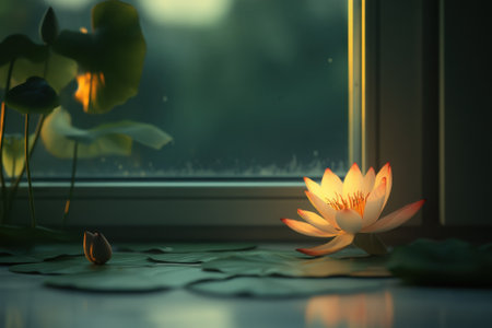 A radiant lotus flower captures sunlight by the window, creating a tranquil and peaceful setting with green foliage.の写真素材