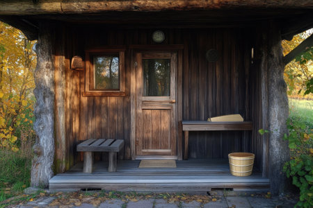 A cozy wooden cabin with a porch sits amidst vibrant autumn leaves, inviting relaxation and tranquility.の写真素材