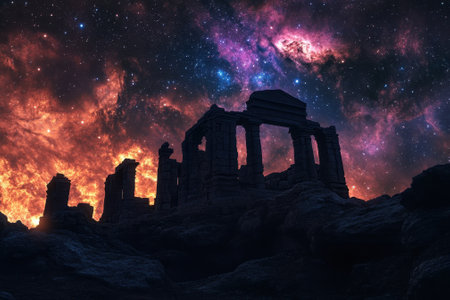 Ruins of an ancient structure stand silhouetted against a spectacular cosmic backdrop filled with stars and colors.の写真素材