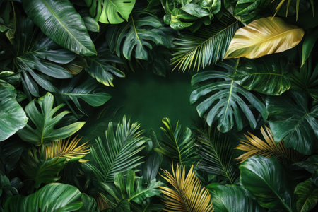A dense arrangement of tropical leaves surrounds an empty center, showing various shades of green and yellow.の写真素材