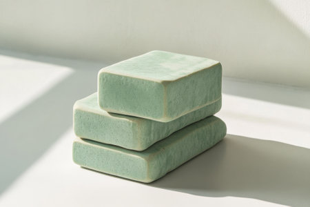 Three green soap bars are neatly stacked on a white surface, illuminated by gentle natural light.の写真素材