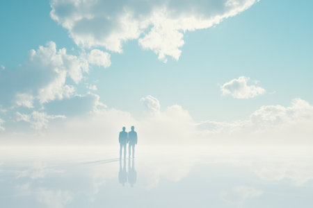 Two silhouettes are seen walking together in a tranquil, dreamy atmosphere with soft clouds.の写真素材