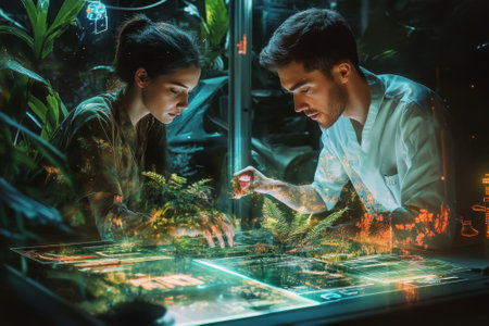 Two individuals engage with an interactive display surrounded by plants, immersed in their activity.の写真素材