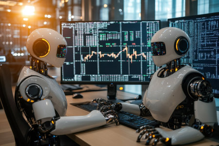 Two humanoid robots work together at computers, reviewing financial data and market analytics in an office.の写真素材