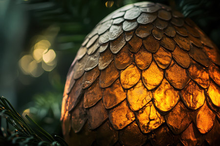 A beautifully textured dragon egg radiates warm light, surrounded by vibrant green leaves in a cozy setting.の写真素材