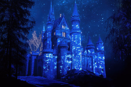A stunning castle glows in vibrant blue hues surrounded by trees and stars in a night sky.の写真素材