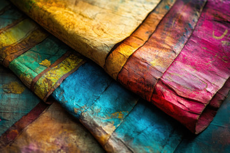 Colorful handmade paper sheets are stacked at a craft market, showing rich textures and hues under sunlight.の写真素材
