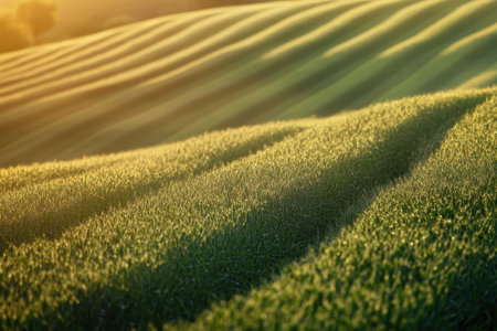 Soft waves of grass reflect warm light, creating serene hillside views at golden hour in nature.の写真素材