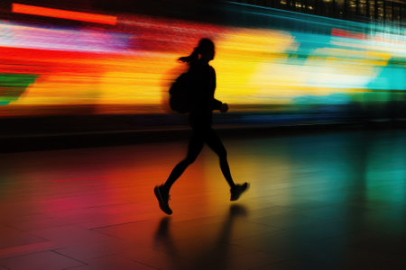 A silhouette of a person runs swiftly against colorful neon lights in a bustling city atmosphere.の写真素材