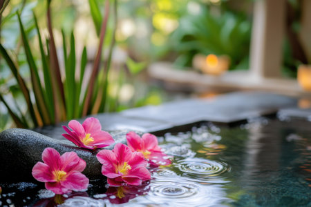 Beautiful pink flowers rest on the water surface in a serene spa environment surrounded by greenery.の写真素材
