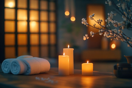 Cozy indoor atmosphere featuring lit candles, fresh towels, and decorative branches for relaxation.の写真素材