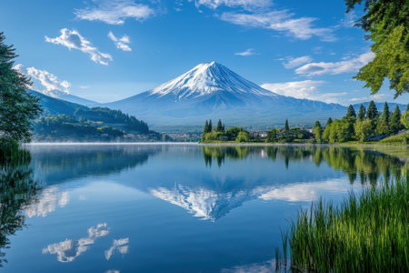 Majestic Mount Fuji stands tall against a bright blue sky, mirrored in a serene lake surrounded by greenery.の写真素材